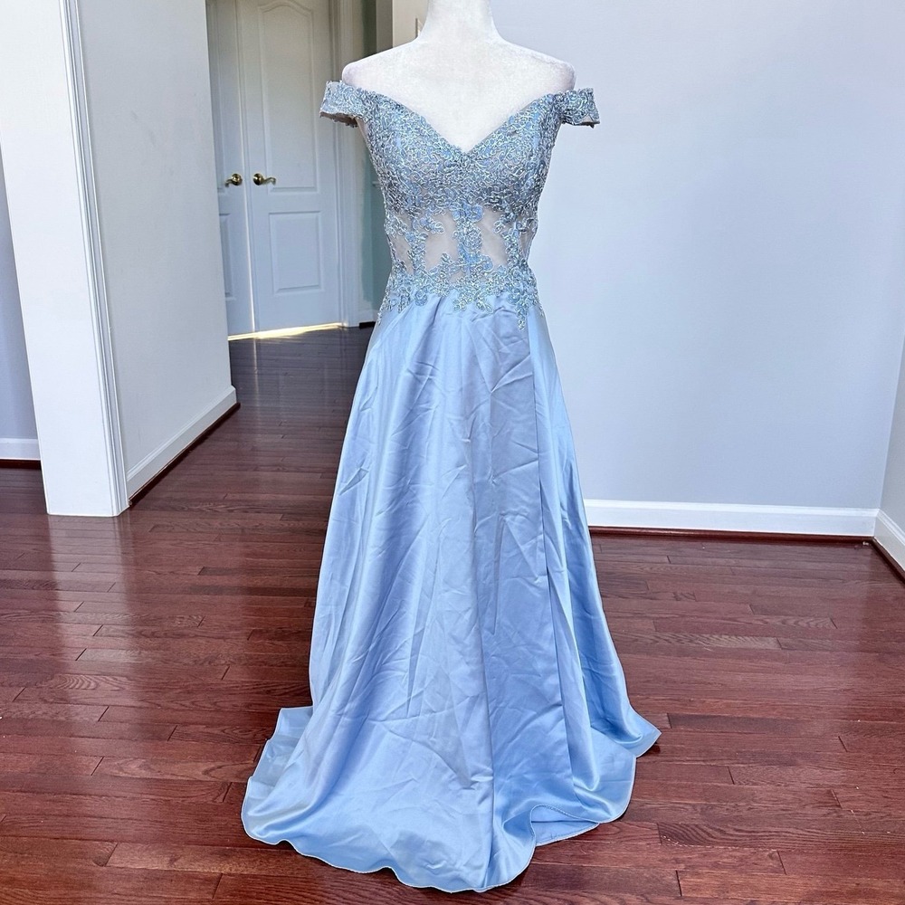 XSCAPE Light Blue Satin Silver Embellished Lace‎ Off the Shoulder Gown Dress